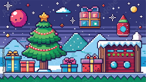 Pixel art Christmas scene with retro TV, presents, and tree, A nostalgic 8-bit holiday gaming experience