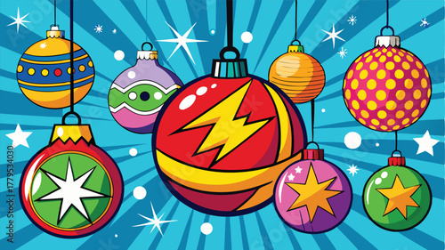 Pop art Christmas ornaments with Brazilian flag design and festive patterns, Vibrant holiday celebration with a global touch, comic book style festive decor