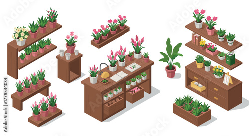 Charming isometric indoor garden with wooden furniture and colorful potted plants