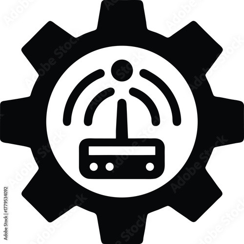 Gear icon with wireless router symbol inside representing network settings control