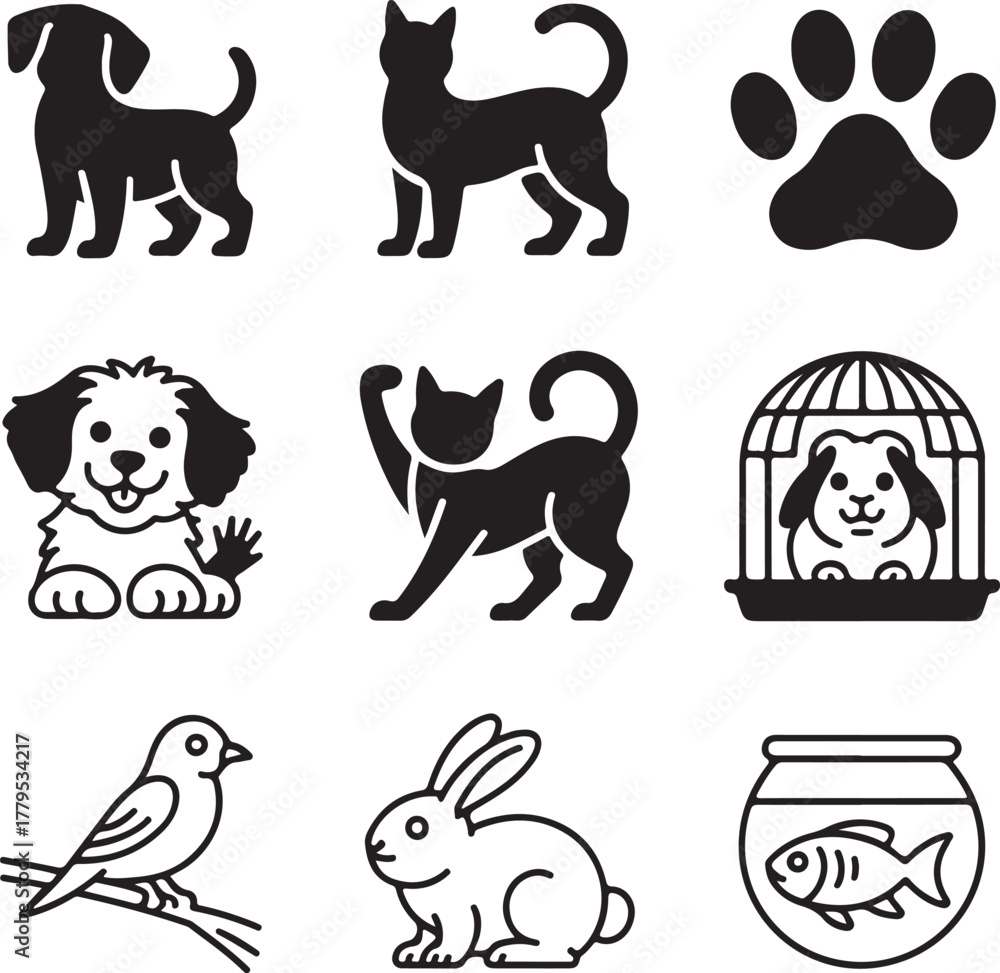 Obraz premium Set of nine detailed pet adoption icons with transparent background animal icon dog icon