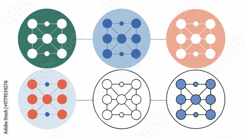 Neural Network Node Clusters Vector Set – AI Machine Learning Data Nodes and Deep Learning Algorithm Connection Illustration Pack