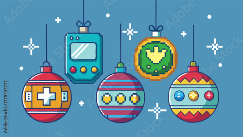Pixel Art Christmas Ornaments with Electronic Gadget, Retro tech meets traditional festive cheer, a nostalgic digital holiday scene.