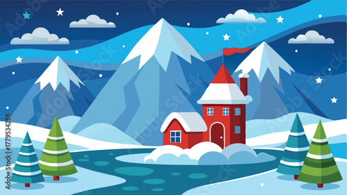 Cute winter landscape with a red house and giant candy cane, Snowy mountains and frozen lake