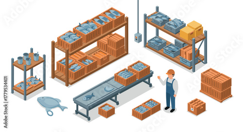 Isometric factory interior with warehouse shelves and conveyor belt