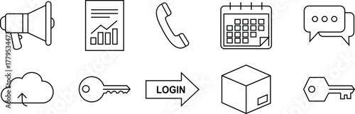 Set of black outline icons for communication business and security megaphone chart