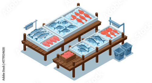 Isometric fish market display with fresh seafood on ice