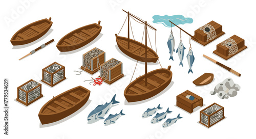 Isometric fishing equipment with boats, traps, and fish elements
