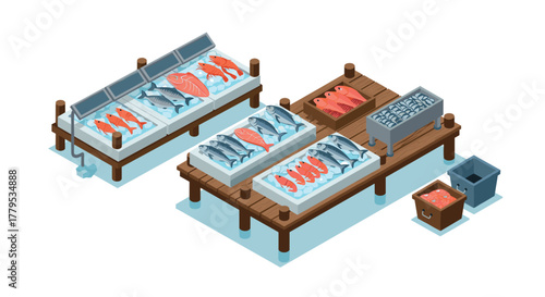 Isometric seafood market stalls with fresh fish displayed on ice