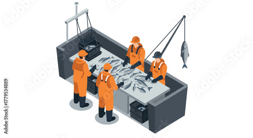Fishermen in orange gear processing fresh catch at fish market in isometric style