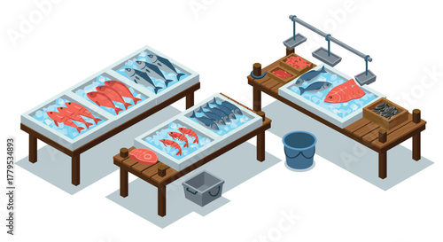 Isometric market display with fresh fish on ice and seafood stalls