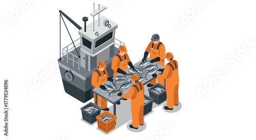 Isometric fishing crew sorting catch on dock with ship