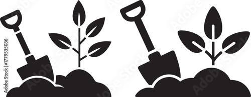 Two black silhouettes of planting seedlings with shovels in soil