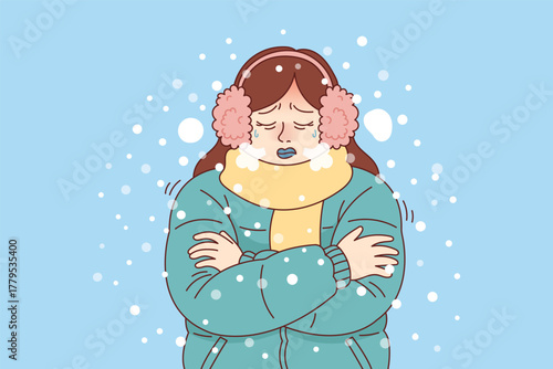 Freezing woman in warm winter clothes. Cold weather, winter chill, and low temperature concept illustration.
