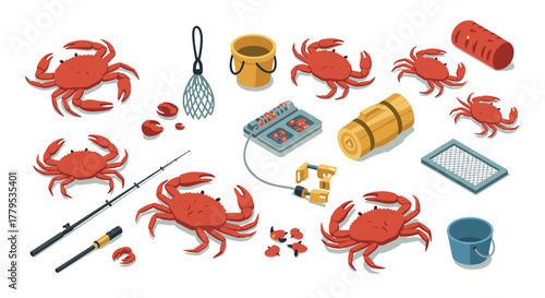 Isometric coastal crabbing equipment and red crabs collection