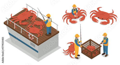 Isometric crab fishing scene with workers on boat and catch basket
