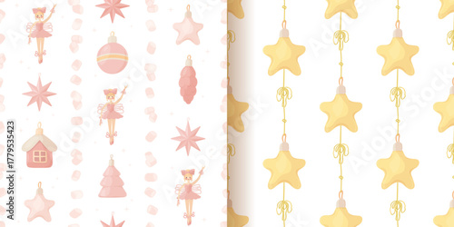 Vintage Christmas glass ornaments seamless patterns set. Pastel holiday wrapping paper and fabric design on white background. Stars, bubble, elegance ballerina toy print.
