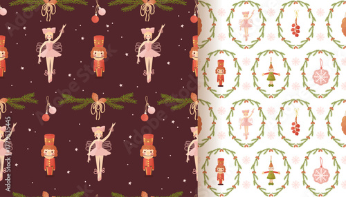 Vintage Christmas glass ornaments seamless pattern set. Nutcracker, stars, bubbles, elegance ballerina toy, Christmas tree branches. Bright holiday wrapping paper and fabric design on white and dark.