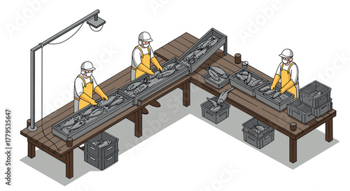 Isometric fish processing plant with workers handling seafood on conveyor
