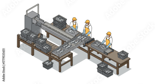 Automated seafood processing line with workers in isometric style