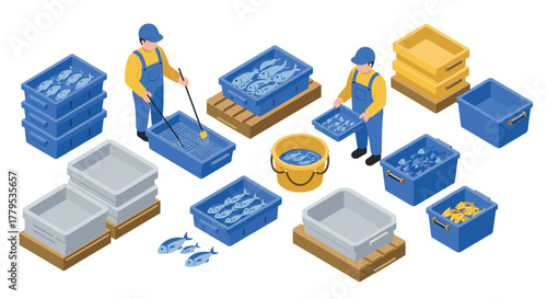 Fish processing workers and containers in isometric style