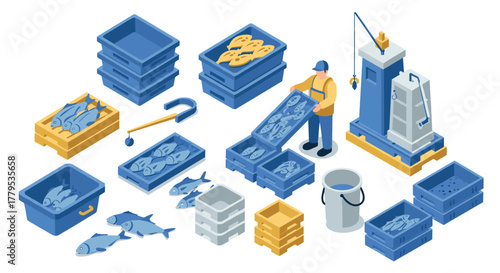 Isometric fishing industry scene with worker, equipment, and fish containers
