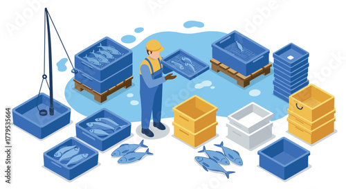 Isometric fishing industry scene with worker sorting fresh fish in containers