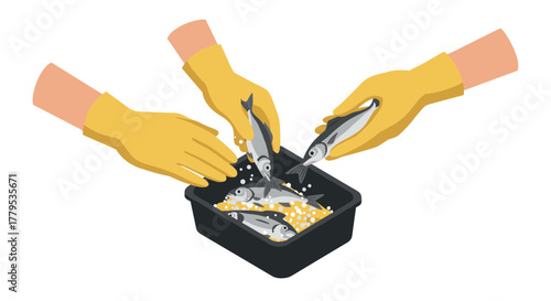 Hands in yellow gloves cleaning fish in black container with scales