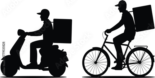 Black silhouette vector of delivery service couriers, riders on scooter and bicycle with box, representing fast food transport, logistics, and gig economy work illustration.
