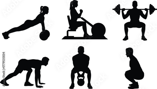 Set of people exercising silhouette vector, fitness and gym workout illustration, strength training, squatting, weightlifting, and cardio activities for health and wellness design.