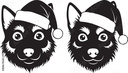 Two adorable dog faces wearing santa hats in a striking silhouette