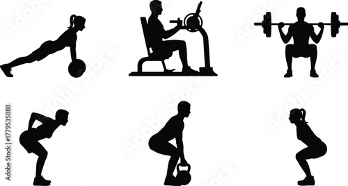 Fitness and gym workout silhouette set: vector illustration of people exercising, training, weightlifting, deadlifting, and squatting for health, sport, and body activity design.