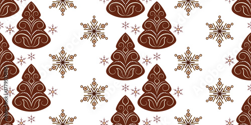 Brown gingerbread Christmas trees with snowflake decor. Cozy winter holiday seamless pattern on white background. Brown fir tree with white curls. Warm christmas holiday decor