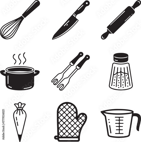 Set of nine detailed culinary skill icons on white background vector