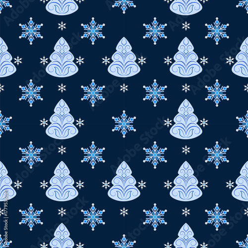 Blue Christmas trees and snowflakes. Cozy winter holiday seamless pattern on dark blue background. Winter cold forest. Fir trees with curls. Classic christmas holiday decor