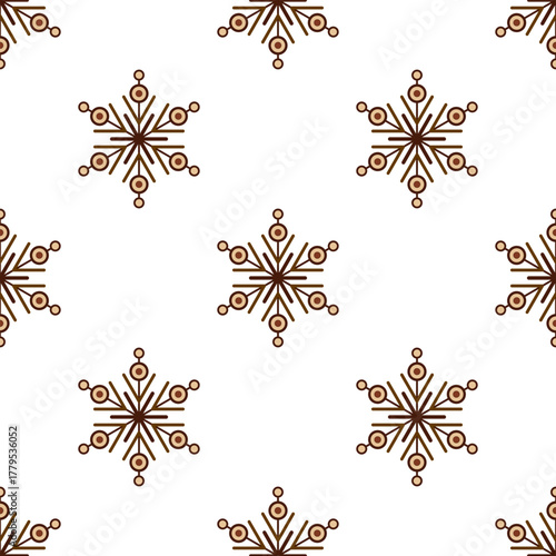 Cute winter holiday seamless pattern on white background. Brown gingerbread Christmas snowflake. Warm sweet christmas holiday decor