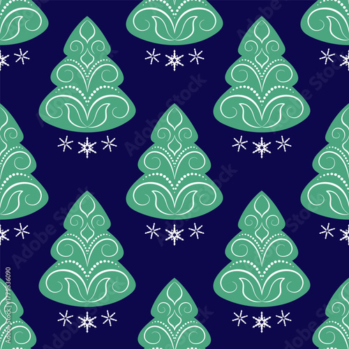 Blue green Christmas trees and snowflakes. Cozy winter holiday seamless pattern on dark blue background. Winter cold forest. Green fir trees with white curls decor