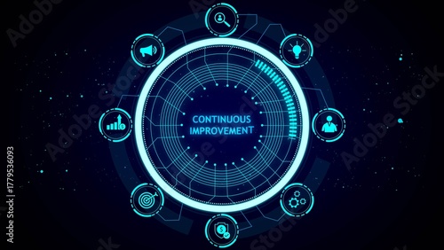 A neon blue circular interface with icons representing continuous improvement and business concepts on a dark starry background