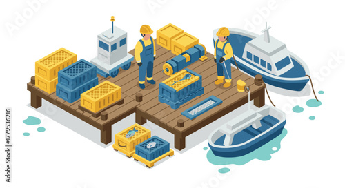 Isometric dock scene with workers and boats in a modern harbor setting