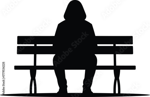 Person sitting alone on a park bench silhouette, vector illustration of loneliness, anonymity, depression, social issues, or mysterious figure for concept and design projects.