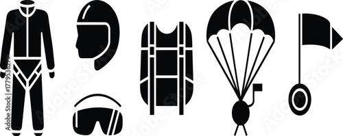 Parachuting and skydiving equipment glyph icon set, vector silhouette illustration of jumpsuit, helmet, harness, goggles, open parachute, and landing flag symbol design.
