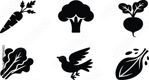 Set of fresh vegetables and nature icons, black glyph vector illustration of carrot, broccoli, radish, lettuce, and bird silhouette for healthy food and organic farming design.