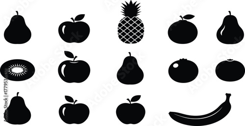 Organic vegetables and nature black glyph icon set, vector illustration of carrot, broccoli, radish, leafy greens, bird, and berries for healthy eating and agriculture design.
