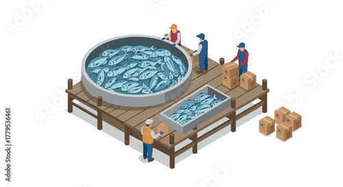 Isometric fishing industry workers processing fish on wooden dock platform