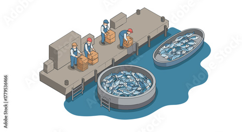 Isometric harbor scene with fishermen unloading fish from boats