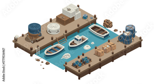 Isometric dock scene with boats and cargo on wooden pier