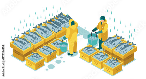 Fish market workers carrying buckets of fresh fish on a rainy day in isometric style