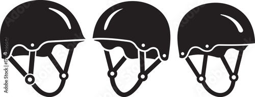 Three equestrian riding helmets in a simple black silhouette style