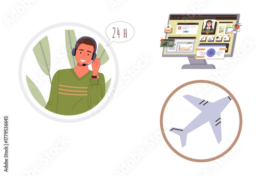 Call center agent with headset and speech bubble, airplane, and computer monitor displaying travel booking platform. Ideal for customer service, travel, aviation, online booking, support
