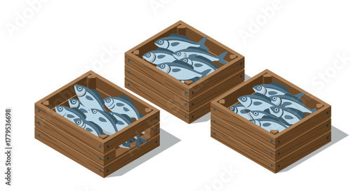Isometric wooden crates packed with fresh fish for market display